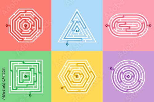 Labyrinth different shapes game and maze fun puzzle set. Maze square, round, hexagon, oval and triangle puzzle rebus riddle logic game concept. Vector illustration