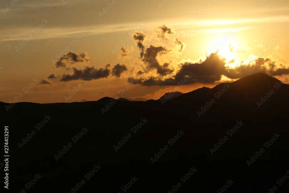Sunset on the mountains and coastline of the Natural park of Calblanque. Cartagena, Spain