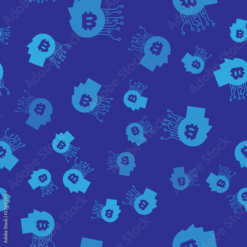 Blue Bitcoin think icon isolated seamless pattern on blue background. Cryptocurrency head. Blockchain technology, bitcoin, digital money market, cryptocoin wallet. Vector Illustration