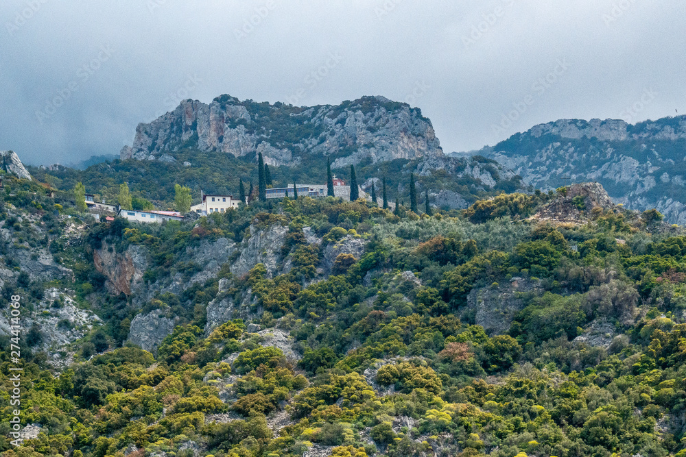 Fototapeta premium Greece, april 2019, Holy Mountain Athos – different views of monasteries exteriors