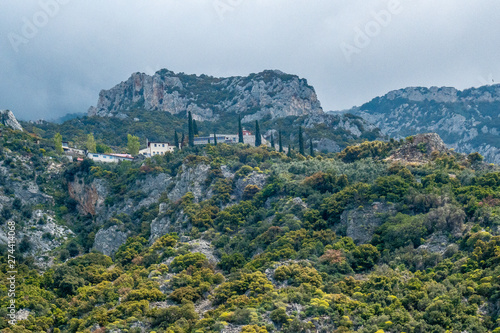 Greece, april 2019, Holy Mountain Athos – different views of monasteries exteriors