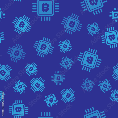 Blue CPU mining farm icon isolated seamless pattern on blue background. Bitcoin sign inside microchip. Cryptocurrency mining community. Digital money. Vector Illustration