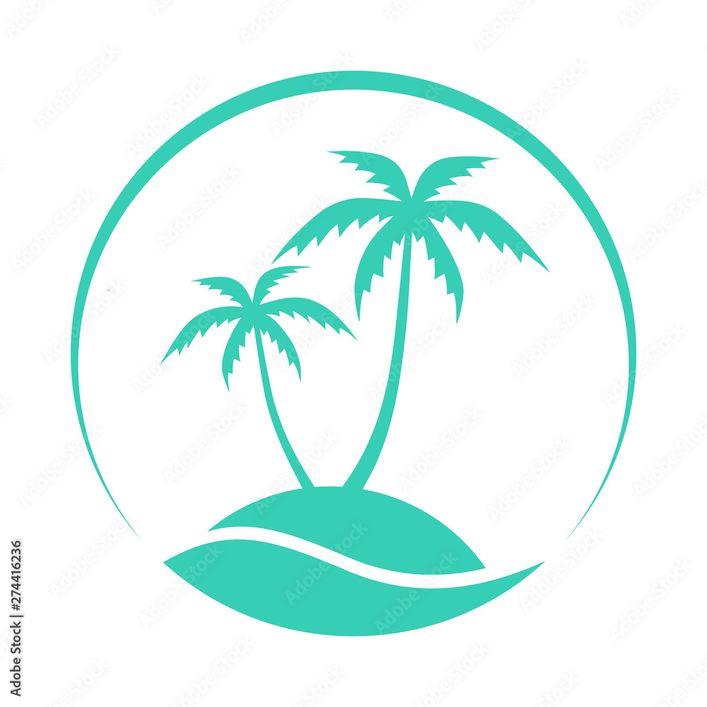 Resort logo with coconut palms and sea. Tropical island graphic stylized icon. Travel symbol isolated on white background. Vector illustration