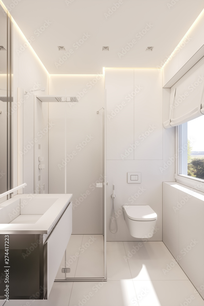 Obraz premium 3d illustration of a bathroom in a private cottage. Interior design in white without textures