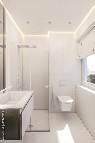 3d illustration of a bathroom in a private cottage. Interior design in white without textures