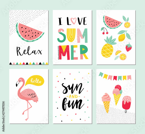Vector set of bright summer cards and posters with hand drawn lettering typography words. I love Summer, sun and fun, relax, watermelon, fruits, flamingo, ice cream