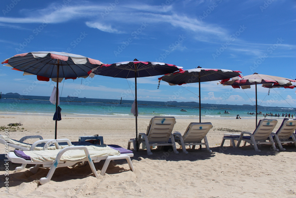 Thailand Bangkok Beach sandy beach with parasols