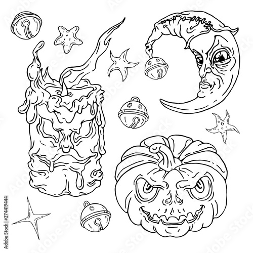 Jack O Lantern Halloween set. Night spirits. Hand drawn vector illustrations. Use it as is or change white to any color