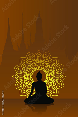 Silhouette Buddha Siddhartha gautama sitting with dharma wheel background