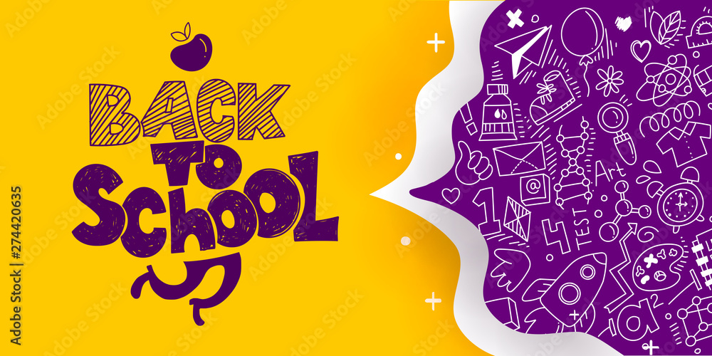 Fototapeta Back to School banner with line art icons of education, science. Vector hand drawn doodle style illustration. Apple as symbol of education and ink drawings. Runnig legs in logo.