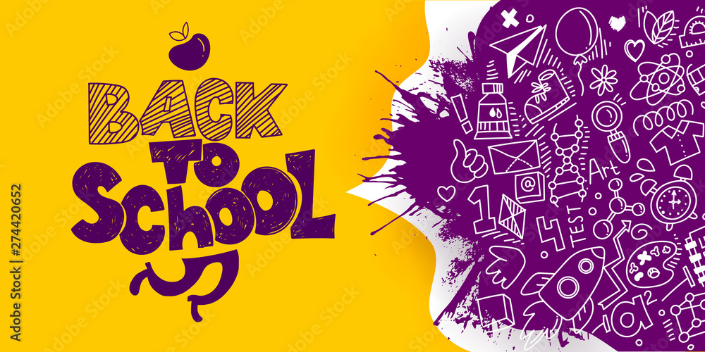 Fototapeta Back to School banner with line art icons of education, science. Vector hand drawn doodle style illustration. Apple as symbol of education and ink drawings. Runnig legs in logo. Splash ink.