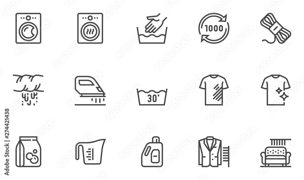 Laundry Vector Line Icons Set. Automatic Wash, Hand Wash. Dry Cleaning of Outerwear and Upholstered Furniture. Editable Stroke. 48x48 Pixel Perfect.