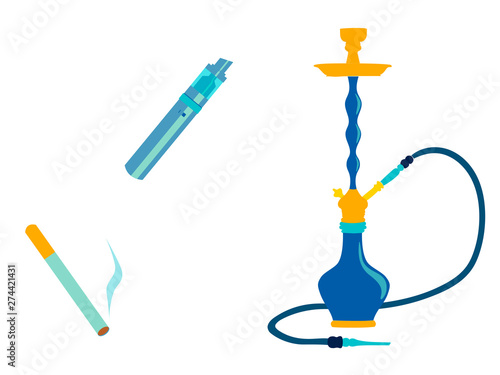 Smoking set. Electronic cigarette, vape and hookah. In minimalist style. Cartoon flat vector