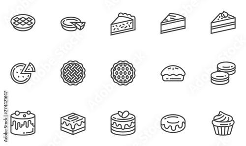 Pies and Cakes Vector Line Icons Set. Bakery  Piece of Cake  Donut  Sweet Pastry  Dessert. Editable Stroke. 48x48 Pixel Perfect.
