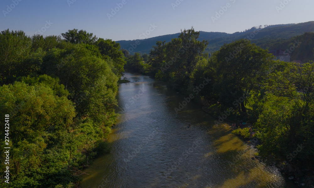 Latoritsa mountain river in the Ukrainian Carpathian mountains. Aerial view from drone. Ukraine.