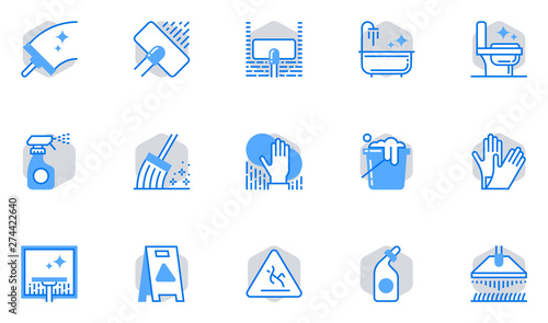 Cleaning Vector Flat Line Icons Set. Housekeeping and Room Service, Cleaning Service, Cleaning Residential and Office Space. Editable Stroke. 64x64 Pixel Perfect.