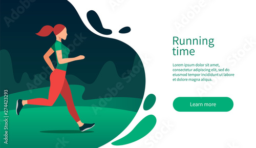Running girl concept with character and text place. Sporty young woman jogging in park. Colorful flat vector illustration for web banner, infographics, landing page.