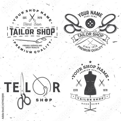 Tailor shop badge. Vector. Concept for shirt, print, stamp label or tee. Vintage typography design with sewing needle and scissors silhouette. Retro design for sewing shop business