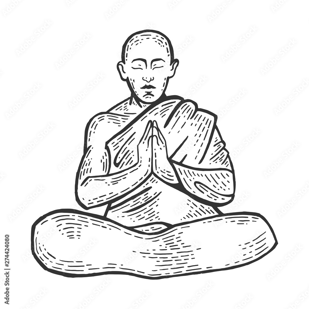 Buddhist monk meditating in Lotus position sketch engraving vector ...