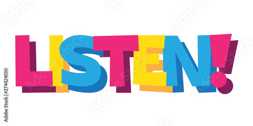 LISTEN! cartoon-style hand lettering banners