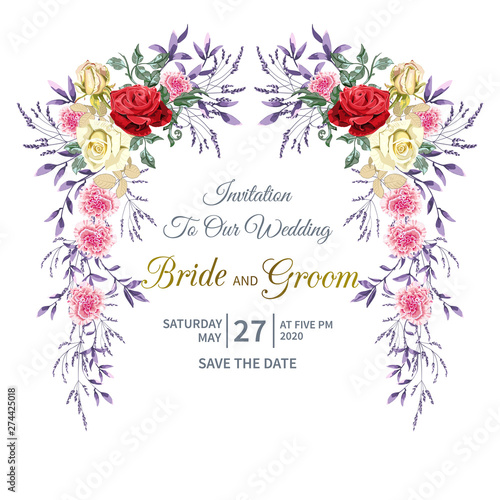 Floral wedding invitation with garland of beautiful red, yellow, pink roses flower and foliage on white background