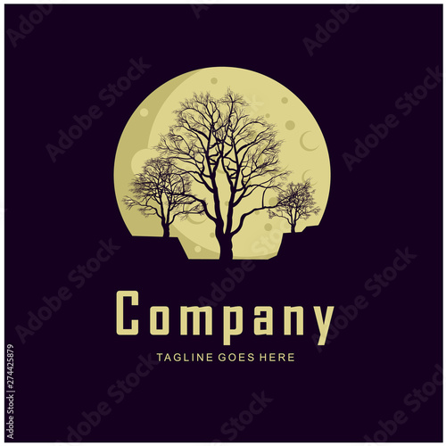 Moon and Walnut Tree Logo Design Illustration