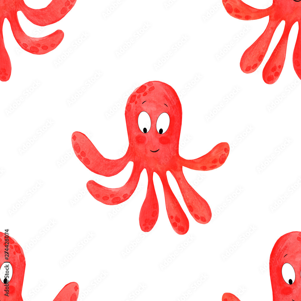 Obraz premium Watercolor cartoon octopus. Seamless pattern octopuses, cartoon illustration of beach summer background. 