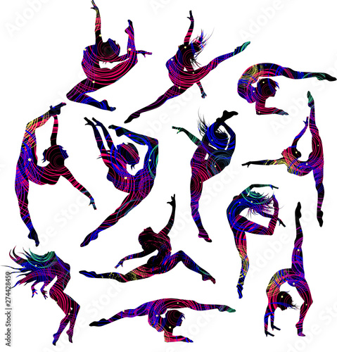 Set of 12 gymnast's silhouettes.