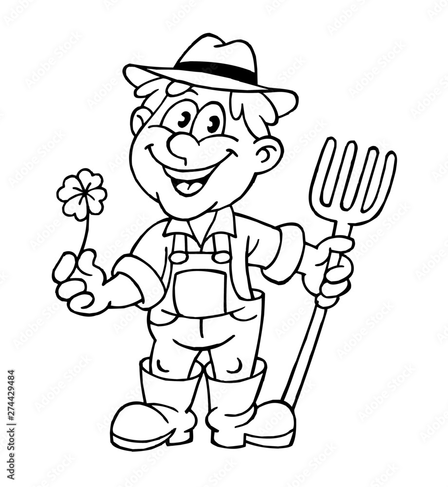 Farmer with straw hat with pitchfork and cloverleaf in his hands, in overalls and rubber boots, black and white drawing Farmer with straw hat with pitchfork and cloverleaf in his hands, in overalls and rubber boots, black and white drawing
