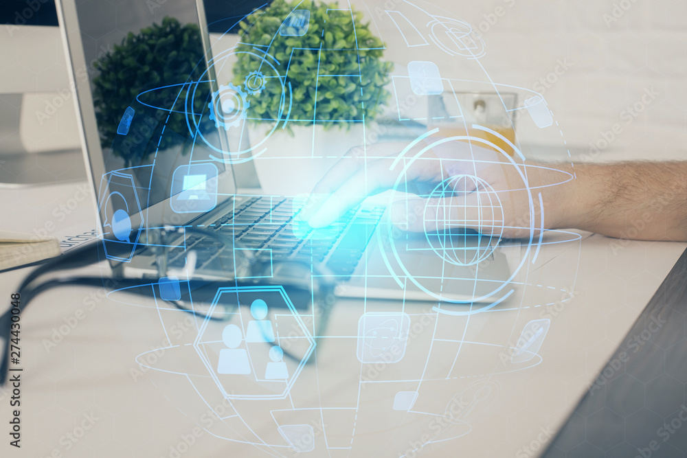 Social network theme hologram with businessman working on computer on background. Multi exposure. Social network theme hologram with businessman working on computer on background. Multi exposure.