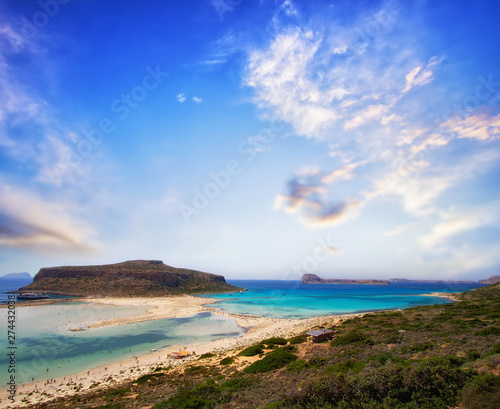 Panoramic view of Balos beach on Crete island, Greece at beautiful sunset. Crystal clear water and white sand. Travel background