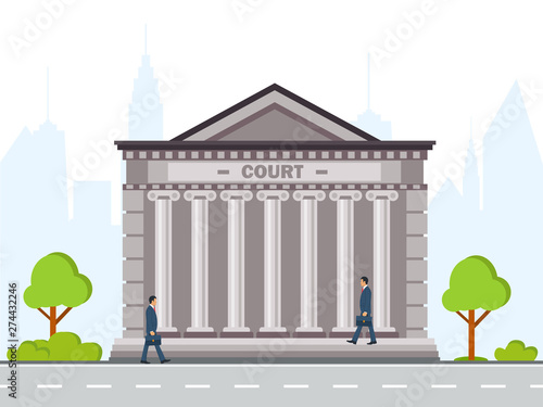 Front view of court house or governmental institution grey brick public building with grey columns Flat style vector illustration