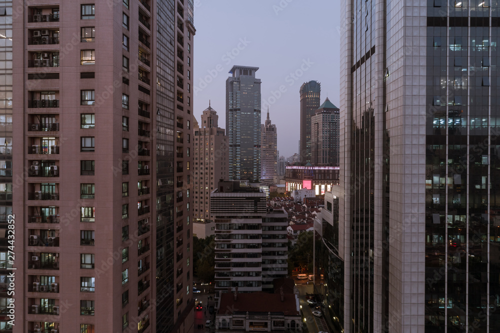 Aerial view of business area and cityscape in the dusk, West Nanjing Road, Jing` an district, Shanghai