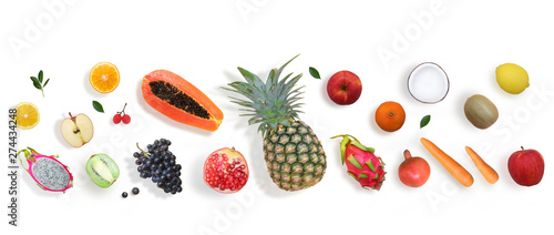 Creative layout made of fruits. Flat lay. papaya, pineapple, lemon, orange, kiwi,coconut,dragon fruit,grape, Pomegranate, on the white background.