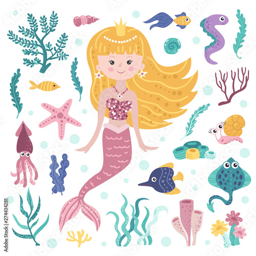 Set of cute mermaid, seaweeds and marine inhabitants