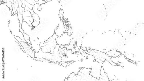 World Map of SOUTHEAST ASIA REGION: Indochina, Thailand, Malaysia, Indonesia, Philippines, Sumatra, Kalimantan, Malay Archipelago and Islands. Geographic chart with archipelago, coral seas & islands.
