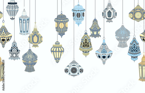 Seamless border with hanging Arabic lanterns. Collection of traditional oriental lamps with national floral ornament. Isolated objects on white background. Vector illustration