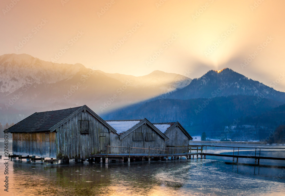 Boathouses on the Kochelsee, Bavaria, Germany