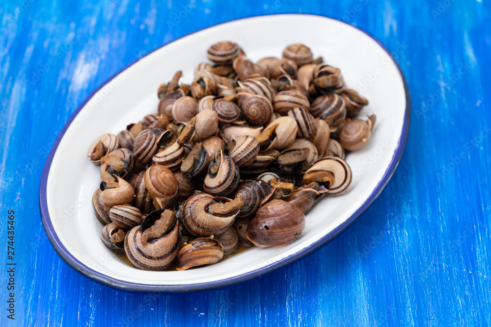 boiled snails with herbs in white dish on wooden background boiled snails with herbs in white dish on wooden background