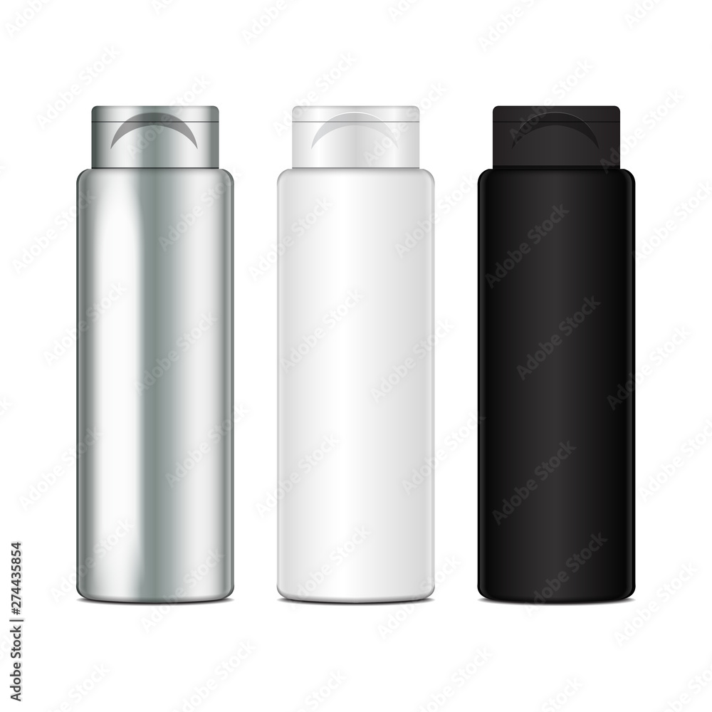 Vector plastic bottles for shampoo, lotion, shower gel, body milk, bath foam. Realistic mockup template Vector plastic bottles for shampoo, lotion, shower gel, body milk, bath foam. Realistic mockup template