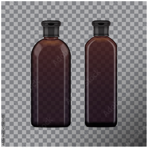 Realistic transparent brown bottle for cosmetic. Mock up bottle. Liquid soap pump bottle, shampoo, conditioner. Cosmetic vector set products pack