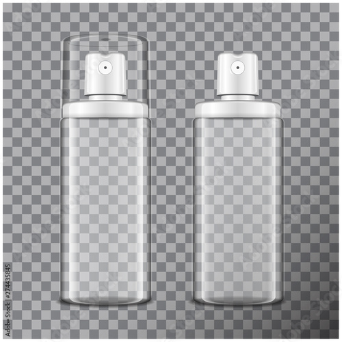Transparent bottle set with atomizer. Mock up bottle cosmetic or medical vial, flask, flacon vector 3d illustration