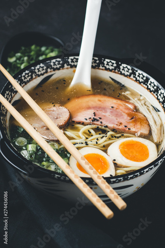 Traditional Ramen Soup with Noodles, Pork and Eggs