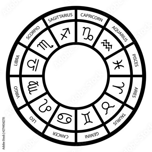 12 Astrological signs in a zodiac wheel. Black silhouette. Vector illustration.