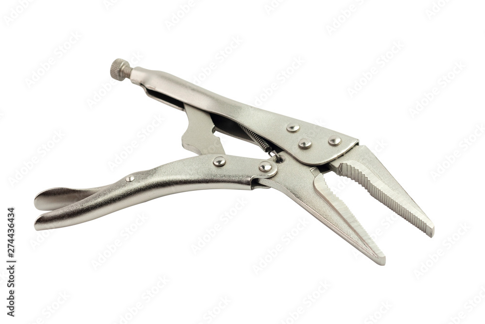 Toothed pliers for fixing metal surfaces for welding isolated on white background without shadow Toothed pliers for fixing metal surfaces for welding isolated on white background without shadow