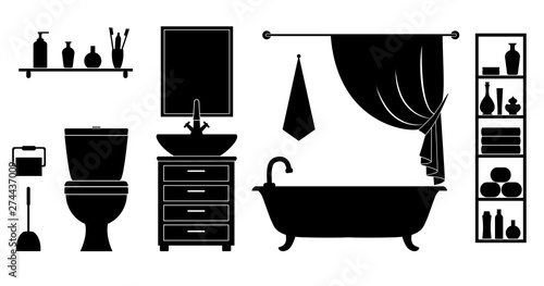 Silhouettes of a bathroom interior with sanitary ware and accessories. Vector black and white toilet.
