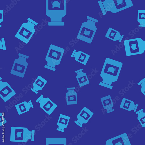 Blue Cat medicine bottle icon isolated seamless pattern on blue background. Container with pills. Prescription medicine for animal. Vector Illustration