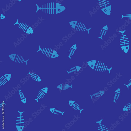 Blue Fish skeleton icon isolated seamless pattern on blue background. Fish bone sign. Vector Illustration