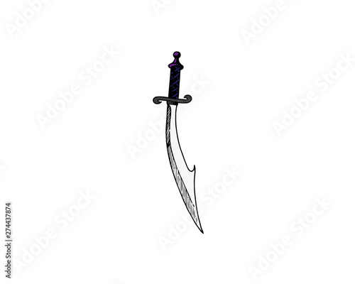 One-handed sword with broad curved blade or falchion isolated on white background. Vector cartoon close-up illustration.