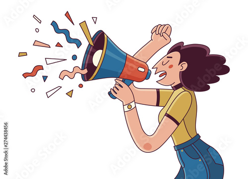 A girl holding a megaphone isolated on a white background. Woman fighting for equal rights. Vector illustration for magazines, websites, posters, banners or other design projects.